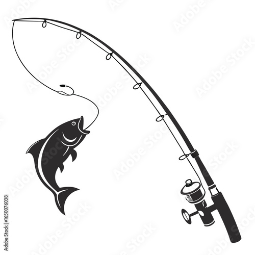 Black silhouette of fish caught on fishing rod reel