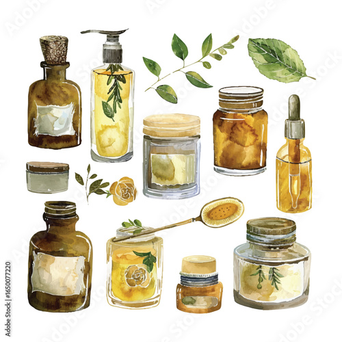 Botanical Elixir Vector Collection Assortment of Natural Skincare and Beauty Products