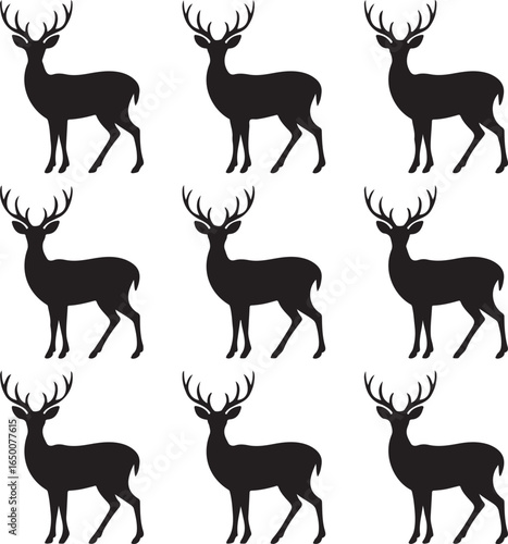 Nine Black Silhouette Deer with Antlers on White Background animal wildlife