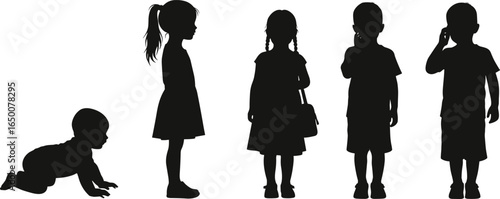 Silhouette of children standing, crawling baby, schoolgirl, young boy, childhood growth, family lifestyle, kids activity, education, innocence, development stages