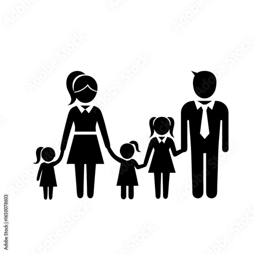 A traditional family of five holding hands. A vector pictogram showing a father, mother, and three daughters standing together, representing unity, love, and family values. Black silhouette on white.