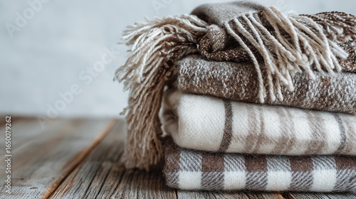 Plaid & Fringed Cozy Blankets Stack on Rustic Wood | Home Textiles Showcase