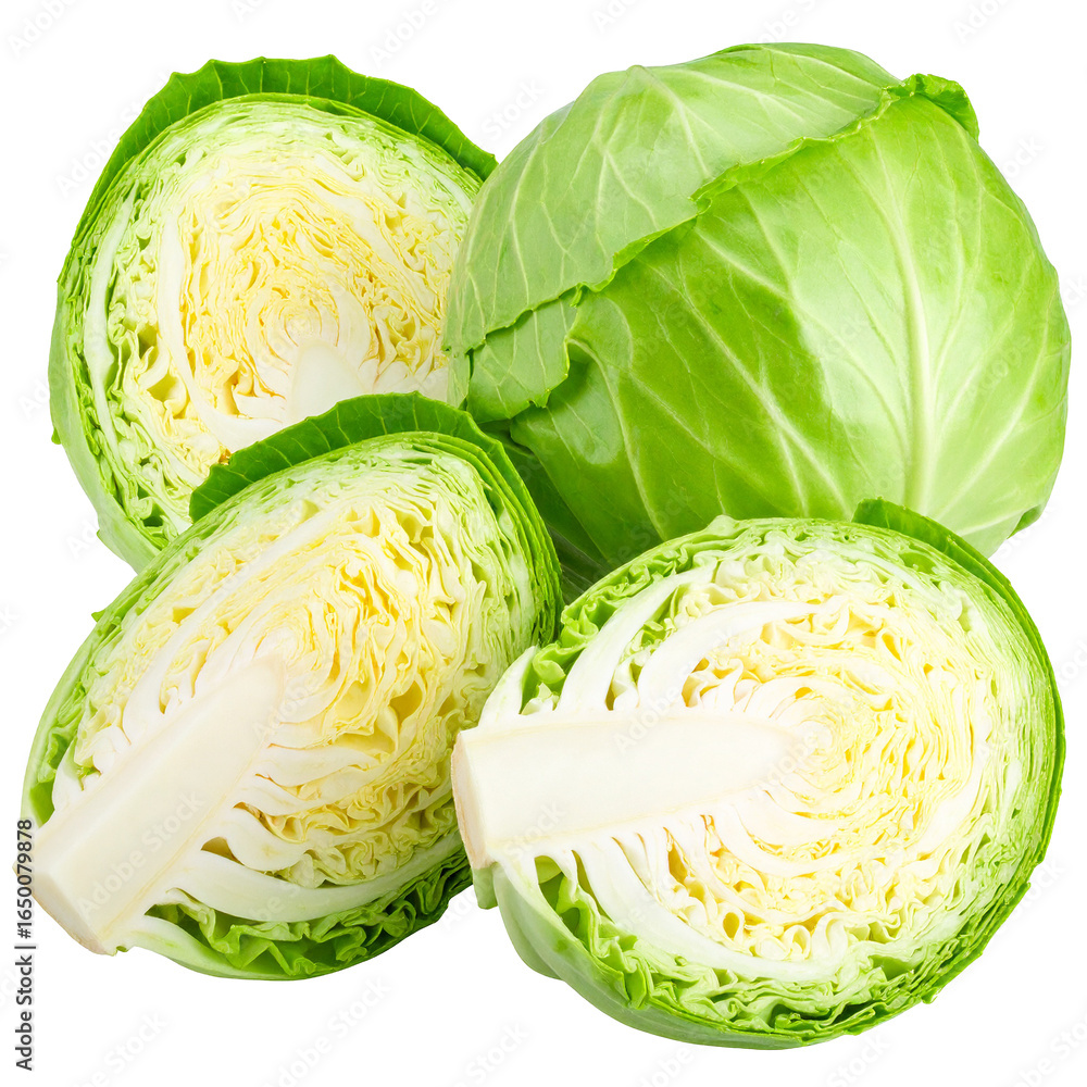 Fototapeta premium Cabbage Isolated On White Background: A captivating close-up of a vibrant green cabbage, with one artfully halved to reveal its textured interior. 