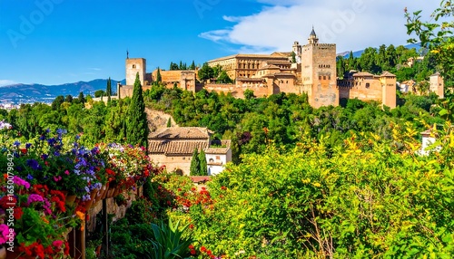 A colorful view of the Alhambra palace complex in Spain.