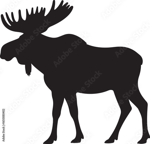 Black silhouette of a large moose with wide antlers on white background animal wildlife