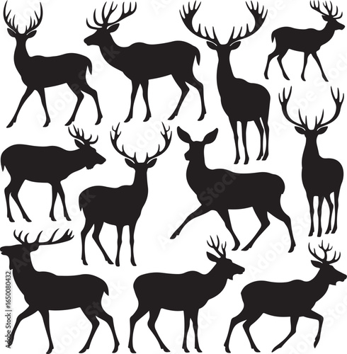 Collection of black deer silhouettes in various poses on white background animal wildlife