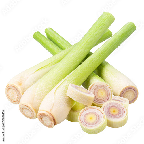 Lemongrass Isolated On White Background: An exquisite cluster of freshly cut lemongrass stalks, showcasing the vibrant green hues and intricate textures. 