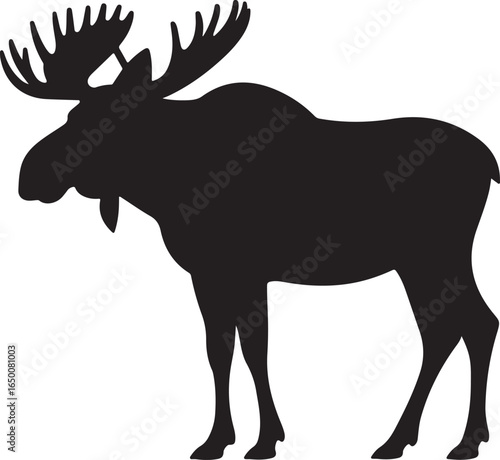 Black silhouette of a large moose with wide antlers on white background animal wildlife