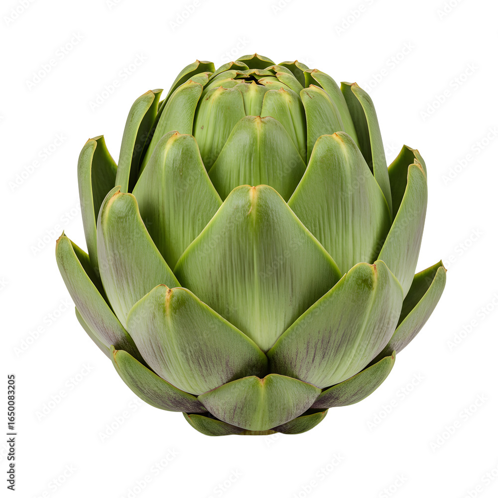 Obraz premium Fresh artichoke with overlapping leaves and pointed tips showing green and purple hues.