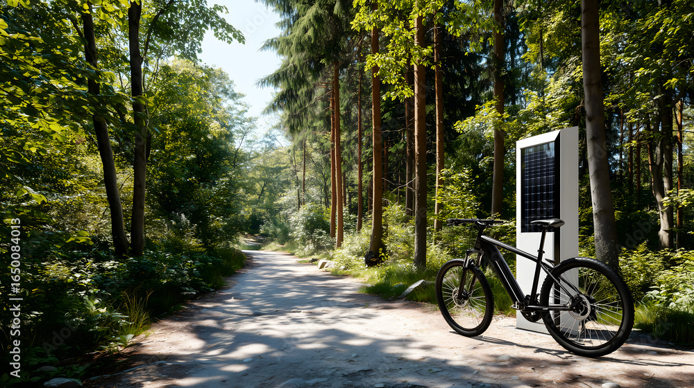 Fototapeta premium Stylish Electric Mountain Bike Parked Along Scenic Forest Path