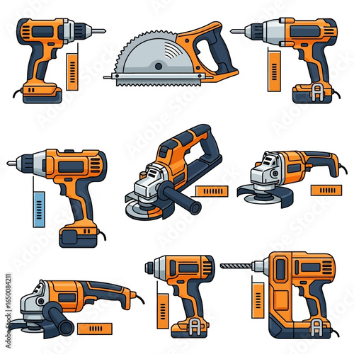 Illustration showcasing a collection of various power tools, including drills, circular saws, and angle grinders, all in an orange and black color scheme.