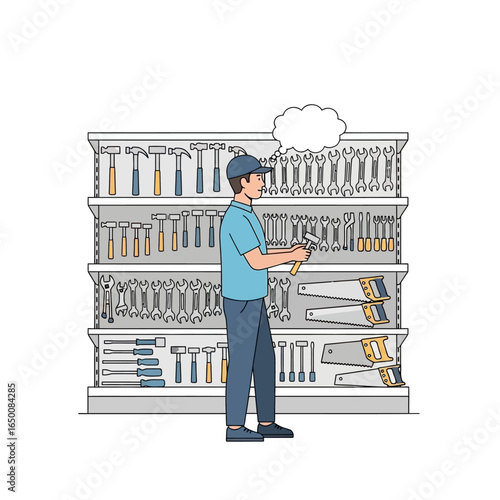 A man in a blue shirt and cap examines a wrench in front of a well-stocked hardware store shelf filled with tools like hammers, wrenches, screwdrivers, and saws.