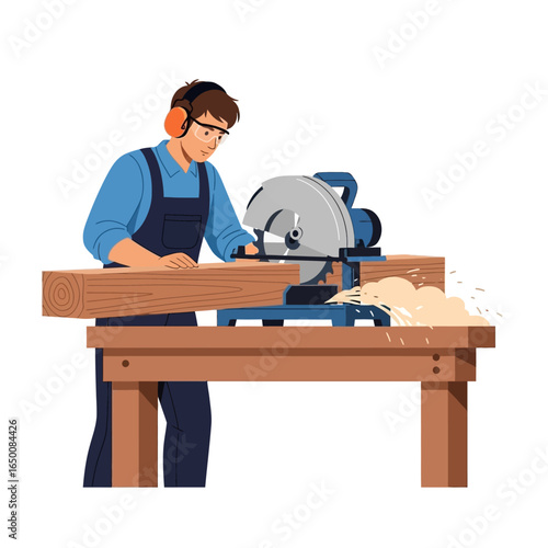 A carpenter wearing safety gear cuts a wooden plank with a power saw on a workbench, producing sawdust.