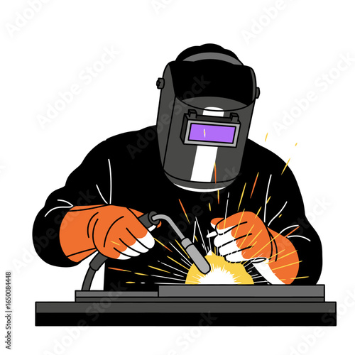 An illustration depicts a welder wearing a protective mask and gloves, welding metal with sparks flying, on a solid surface.