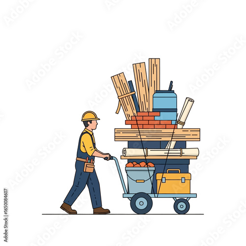 A construction worker wearing a hard hat and overalls pushes a heavily loaded cart with building materials.