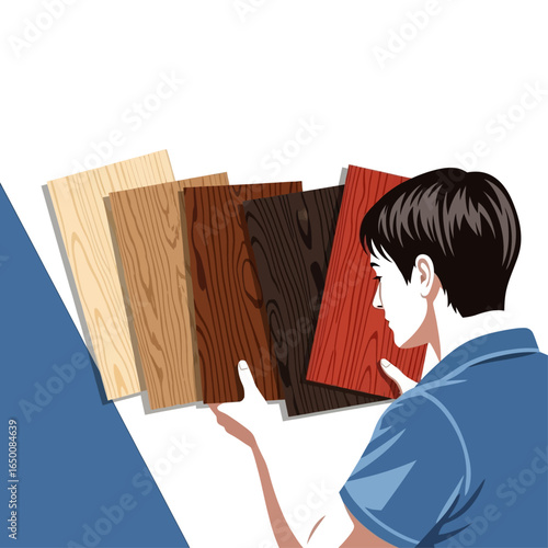 Man in blue shirt holds and examines a selection of wood veneer samples in various colors and grains.