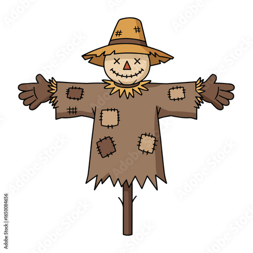 Cartoon voodoo doll with stitches and pins, blood stain on its chest, simple design.