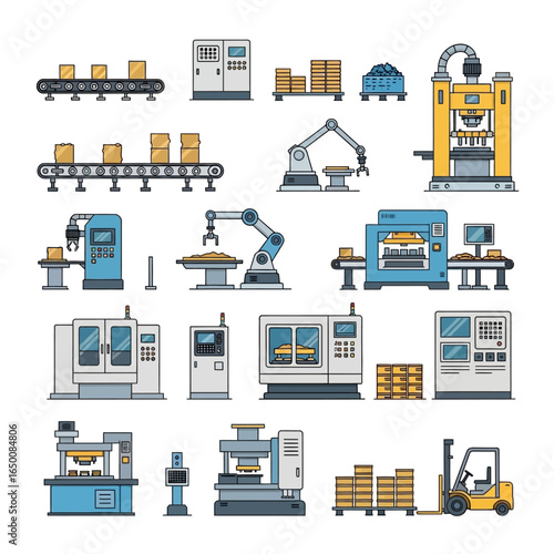 Illustration depicting various industrial machines and processes, including conveyor belts, robotic arms, presses, and a forklift, all in a flat, cartoon style.
