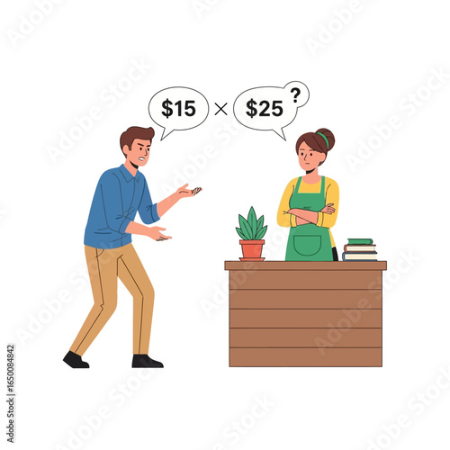 A customer questions the price of items at a shop, while the shopkeeper stands with arms crossed, seemingly annoyed.