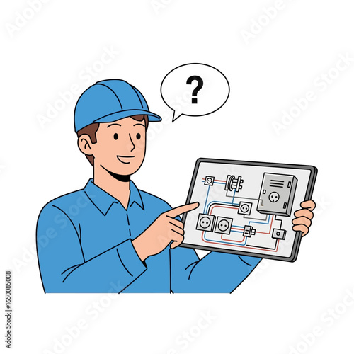 Cartoon electrician in blue uniform pointing to electrical diagram on tablet with a question mark above his head.