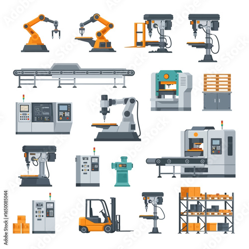 A collection of industrial machinery including robotic arms, drilling machines, conveyor belts, control panels, a forklift, and storage shelves.