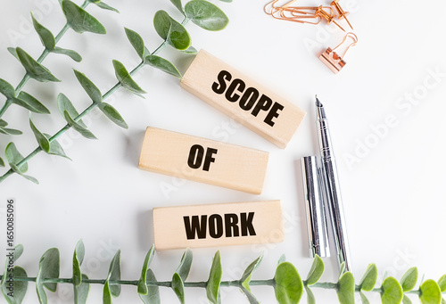 Scope of work text on wooden blocks with pens, leaves and office supplies on white background