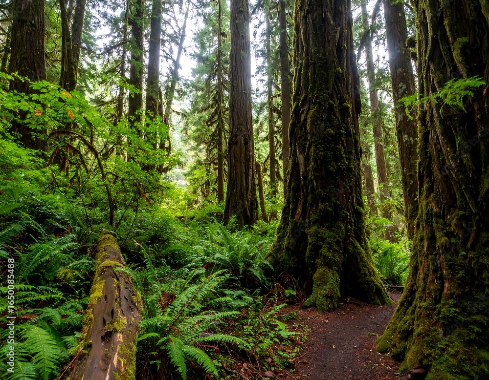 Obraz premium Exploring a verdant temperate rainforest with moss covered old growth trees