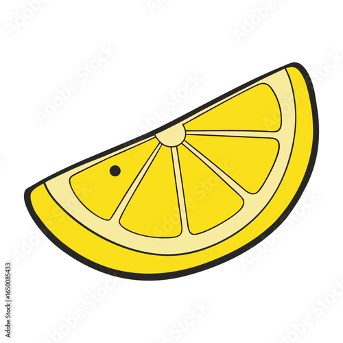 A fresh, vibrant lemon slice with bright yellow flesh and zesty rind, perfect for adding a citrusy twist to drinks, dishes, or refreshing summer vibes.
