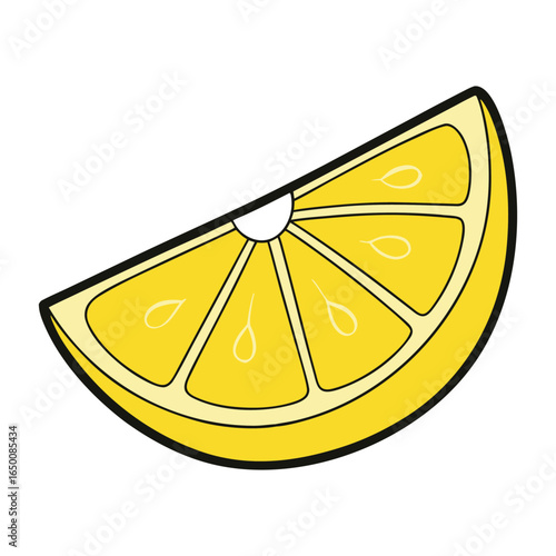 A fresh, vibrant lemon slice with bright yellow flesh and zesty rind, perfect for adding a citrusy twist to drinks, dishes, or refreshing summer vibes.
