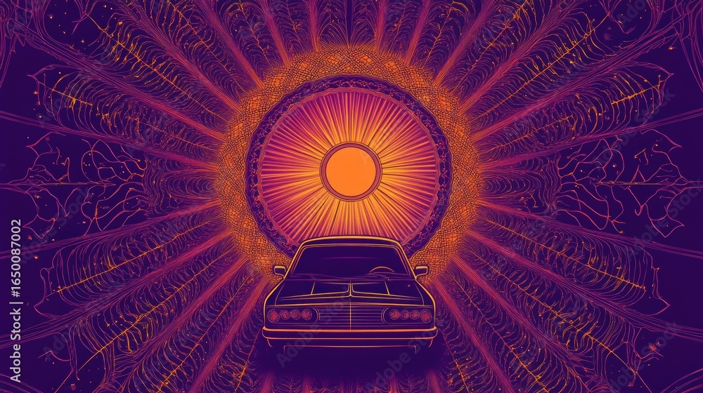 Obraz premium Car drives through mystical portal, cosmic background, album art