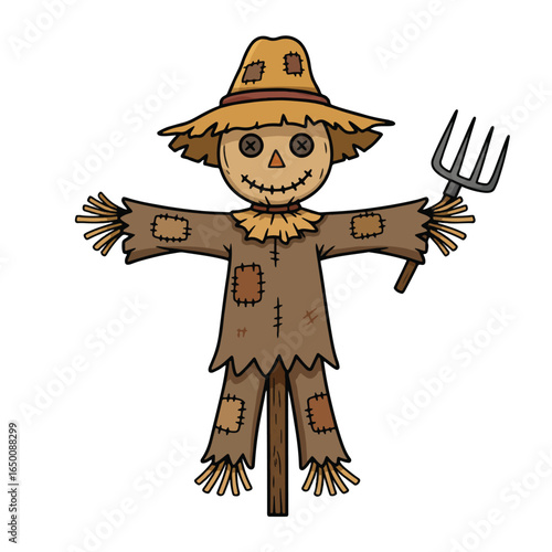 Cartoon voodoo doll with stitches and pins, blood stain on its chest, simple design.