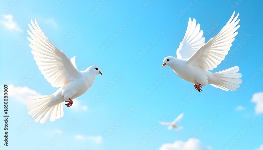 Fototapeta premium Two white doves with a peace sign soar through a blue sky, symbolizing harmony and hope for World Peace Day
