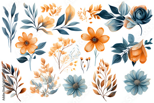 Bridgerton inspired pastel floral vector design big set. Blue delphinium, white peony, magnolia, tulip, rose, carnation, hyacinth, greenery and plants. Flowers and branches are isolated and movable