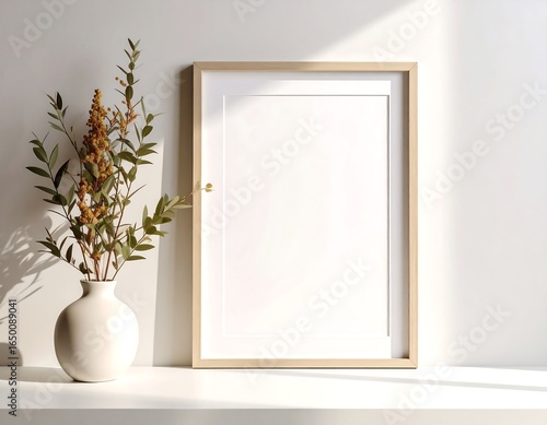 Empty Light Beige Wooden Frame with Dried Plants and Vase.