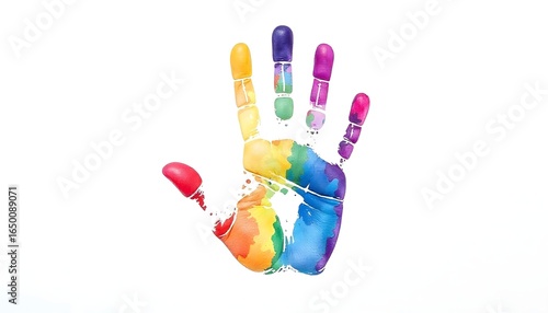 A hand with a vibrant rainbow painted on it making a peace sign, promoting messages of freedom and unity
