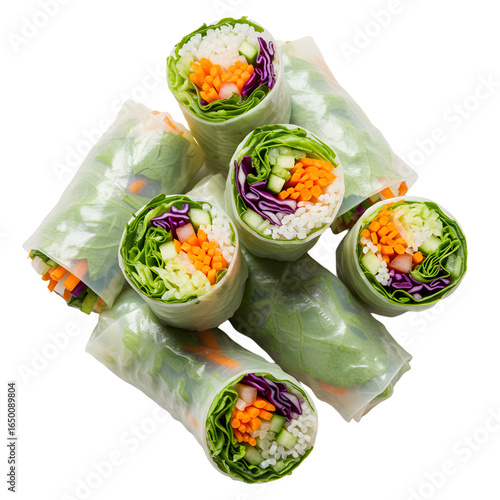 Fresh spring rolls with vibrant vegetables and rice noodles wrapped in translucent rice paper.