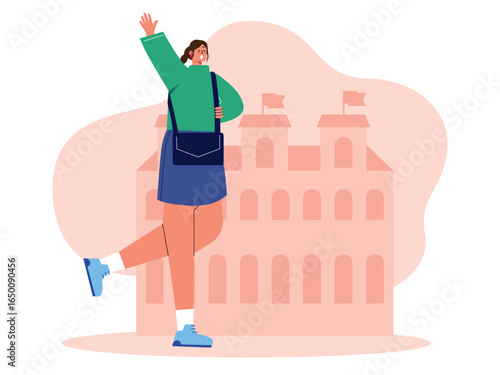 Female university student with backpack Illustration. University illustrations. Flat vector illustration. Character design.