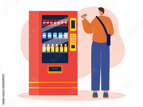 Student purchasing product in vending machine. University illustrations. Flat vector illustration. Character design.