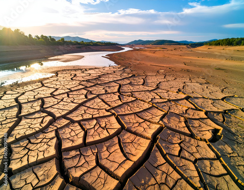 Cracked earth from severe drought with a small stream of water remaining. A stark visual of climate change and environmental crisis.