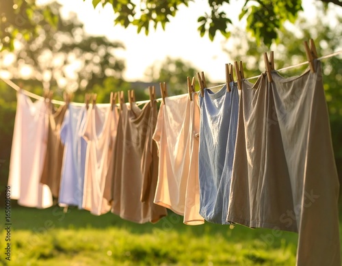 Wallpaper Mural Laundry day serenity: Fresh clothes hanging on a line against sun-drenched greenery Torontodigital.ca