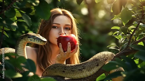 A woman holding a red apple in a lush green forest, with a snake coiled around her arm, symbolizing temptation