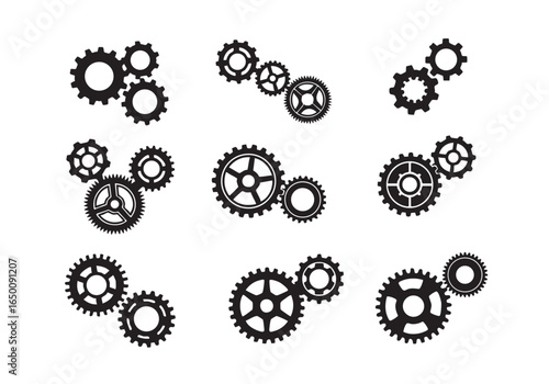 Collection of Interlocking Gear Icons Vector Graphics for Mechanical Designs