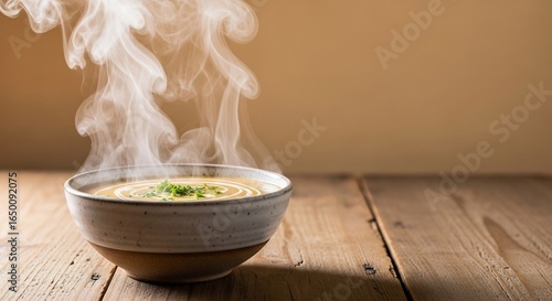 Cozy bowl of hot soup with steam, perfect for food blogs, winter menus, or comfort food promotions.  Appealing for restaurants, food delivery, and cozy nights.