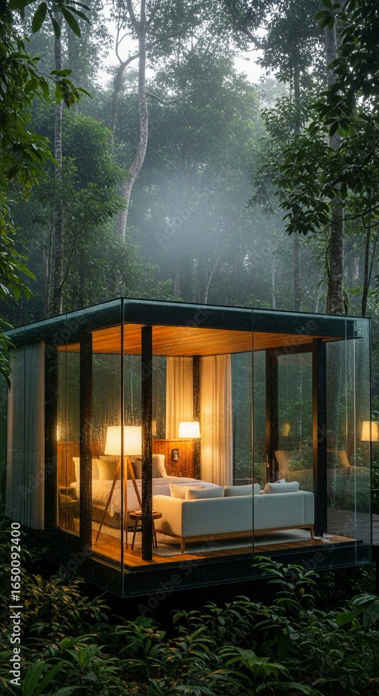 Fototapeta premium Glass cube bungalow in rainforest setting, mist rising in the background, early morning light.