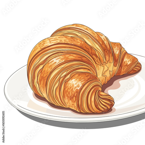 A golden brown croissant on a white plate, detailed vector illustration.