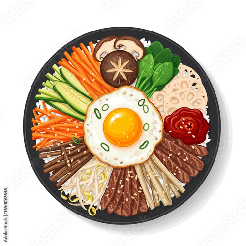 A vibrant and detailed illustration of a Korean bibimbap dish with various colorful ingredients.