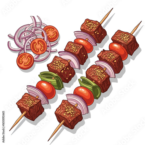 Two delicious beef shish kebabs with tomatoes, onions, and peppers.