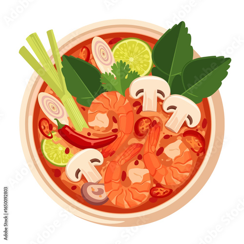 Top-down vector illustration of a traditional Thai Tom Yum soup with shrimp, mushrooms, chili, and lime.
