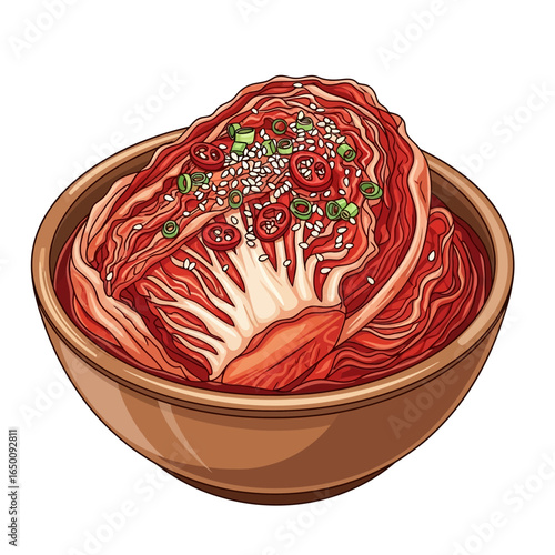 A vibrant bowl of traditional Korean kimchi, featuring fermented napa cabbage with red chili paste, sesame seeds, and green onions.