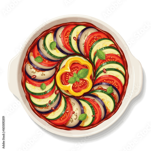 Artistic ratatouille dish with sliced vegetables arranged in a circular pattern.